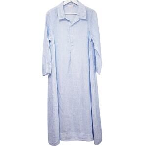 CP SHADES 100% Linen Midi Dress Blue White 3/4 Sleeve Women's XS *Tiny Flaw*